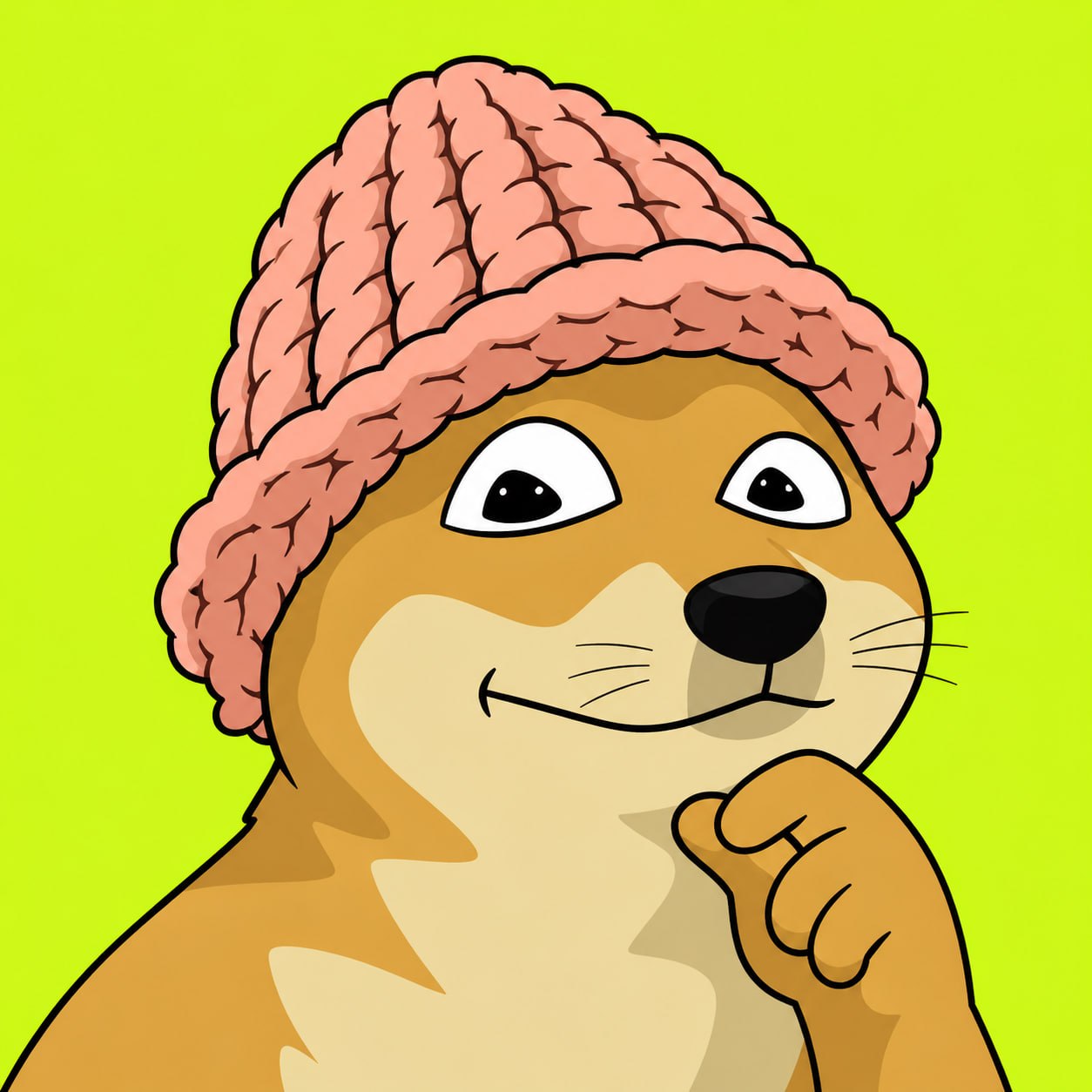 ROBINWIF dog wearing a pink brain-knit hat